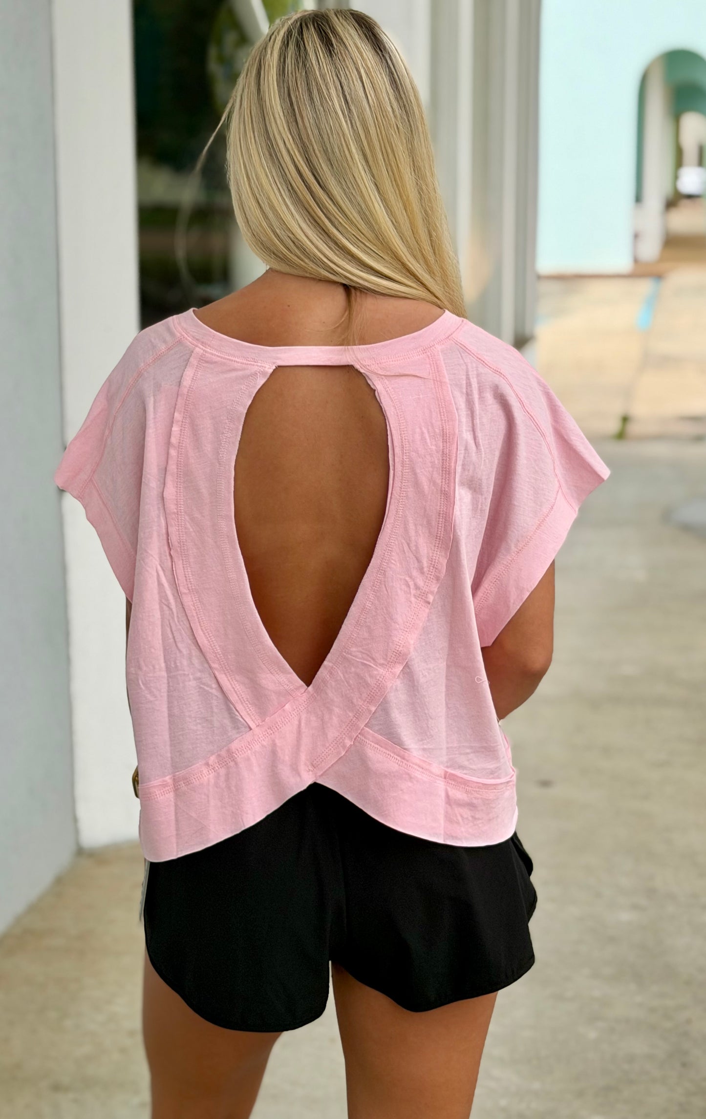 Cotton Slub Open Back Top, Pink