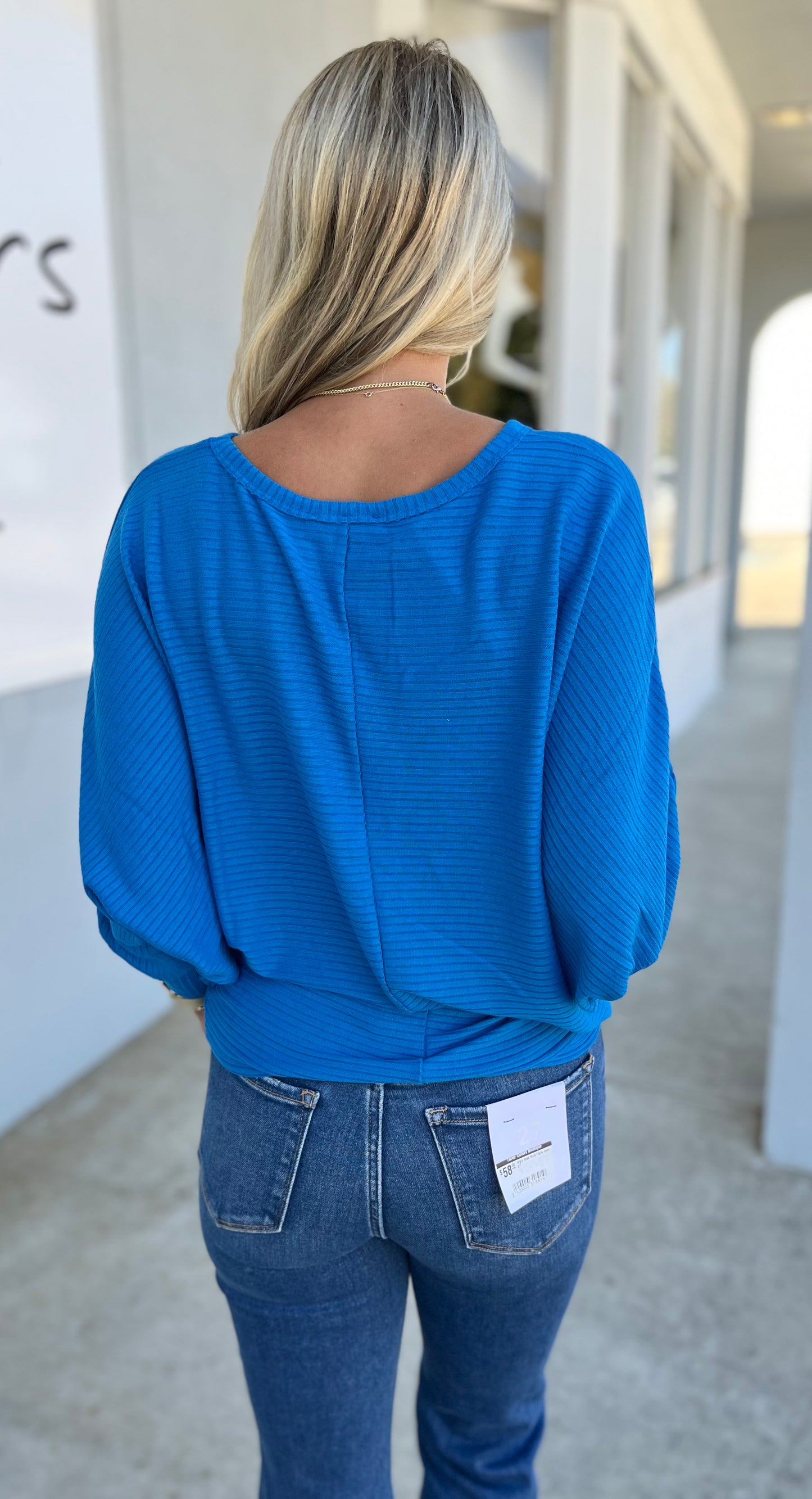 Ribbed Batwing Boat Neck Sweater, Ocean Blue