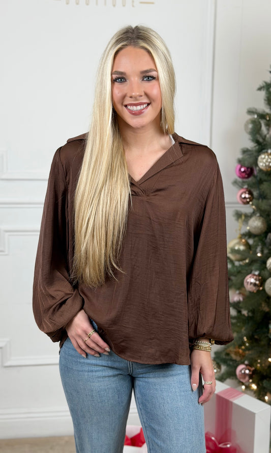 Chocolate Collared V Neck Top