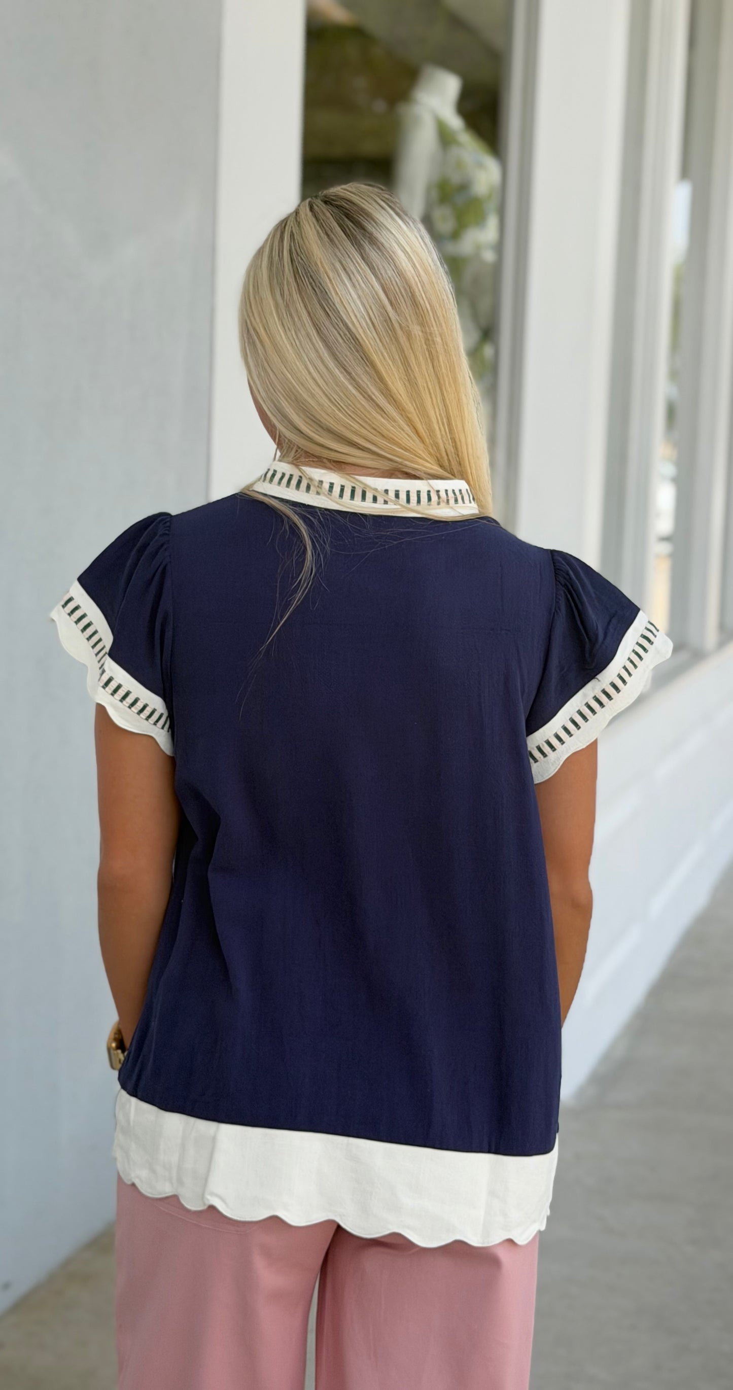 Linen Scallop Trim Top, Navy