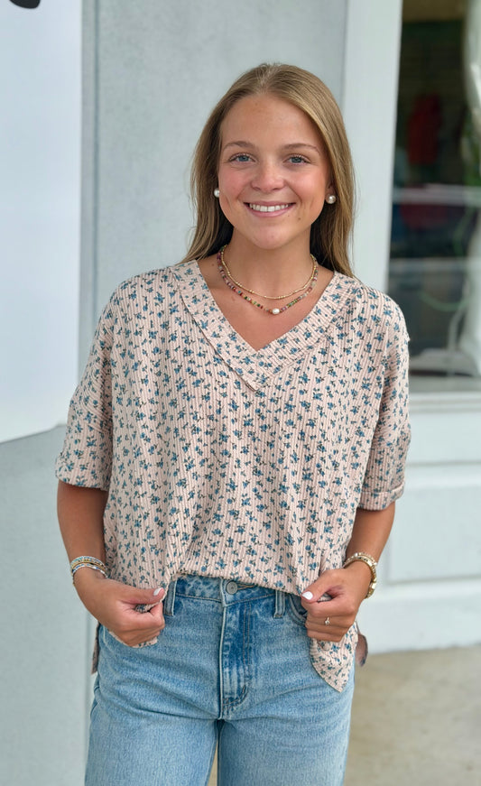 Ditsy Floral V Neck Ribbed Top