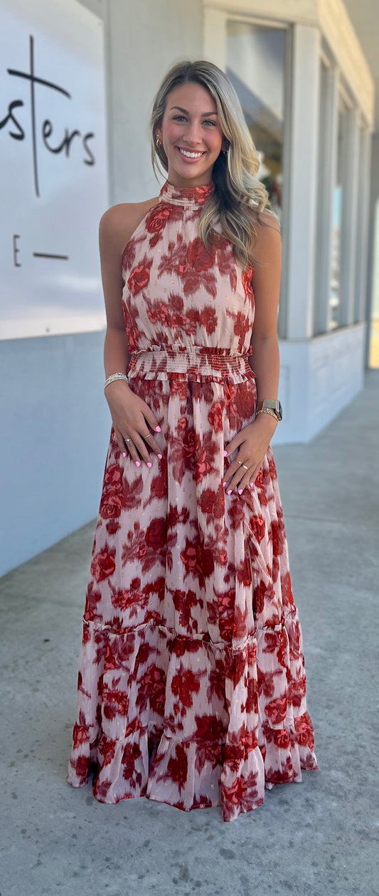 Taupe Rust Halter Bow Tie Dress W/Smocked Waist