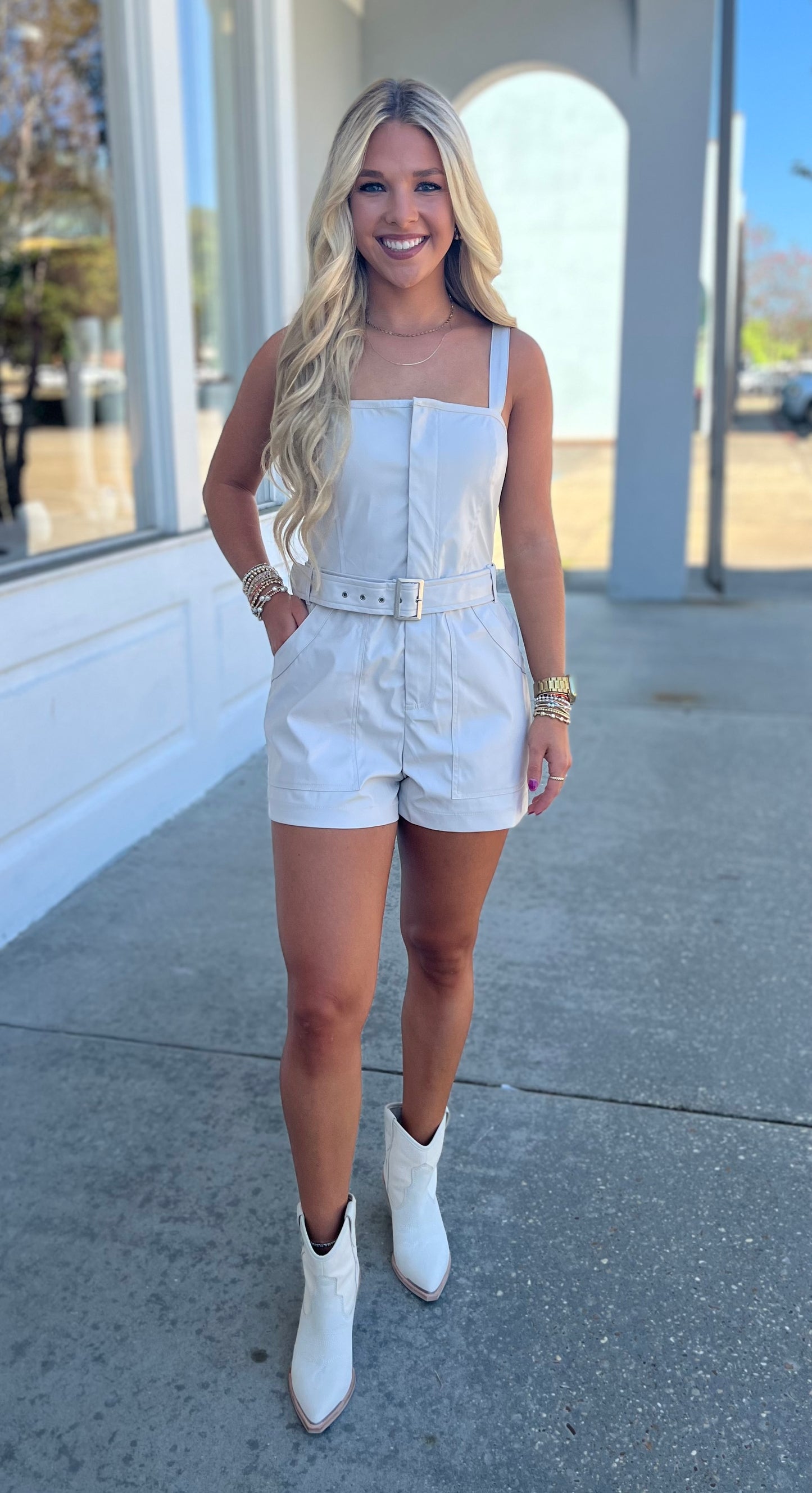 Ecru Leather Romper W Belt