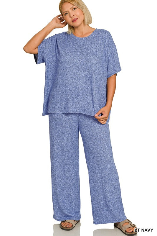 Plus Soft Melange Top & Pants SET, Lt Navy