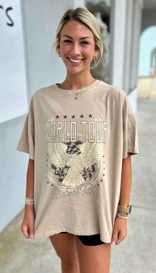 World Tour Rock N Roll Eagle Graphic Tee, Tan