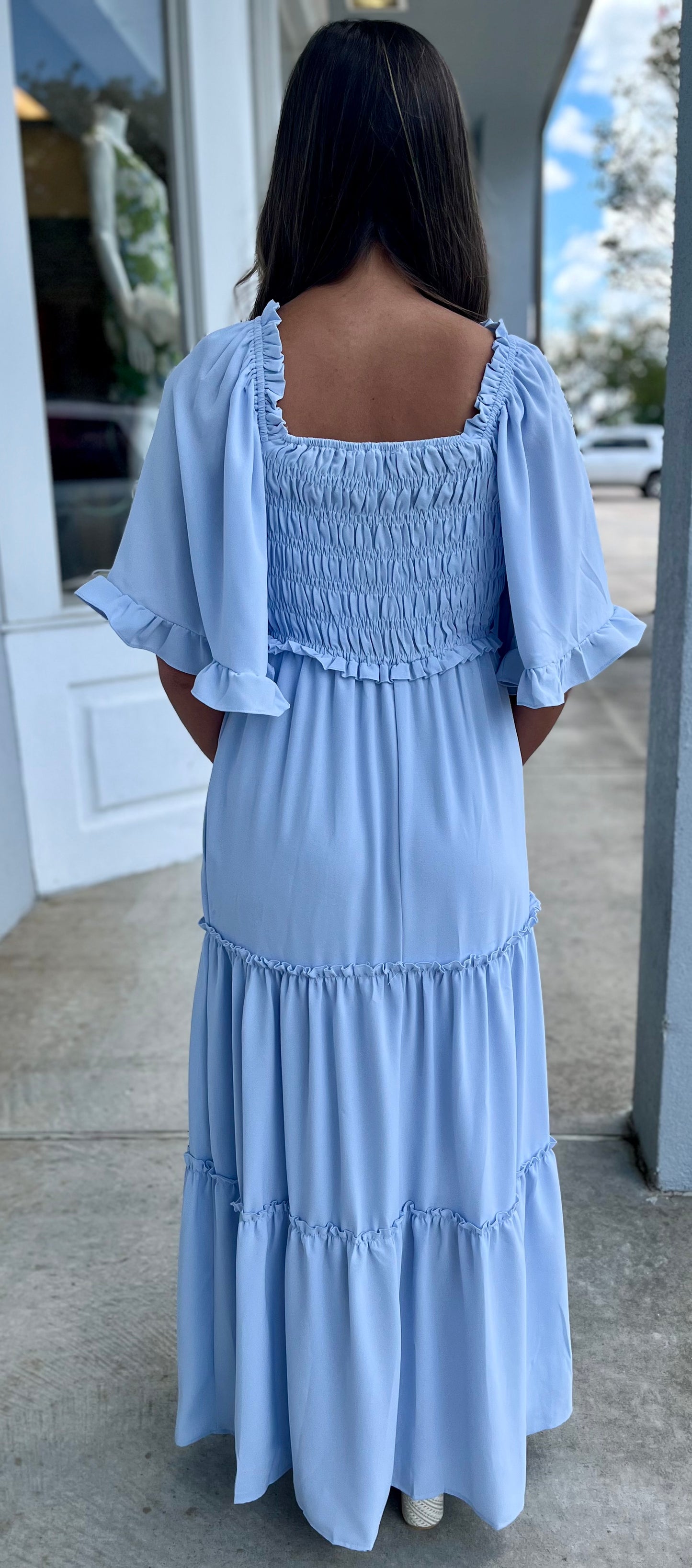 Lt Blue Flutter Sleeve Smocked Tiered Maxi Dress