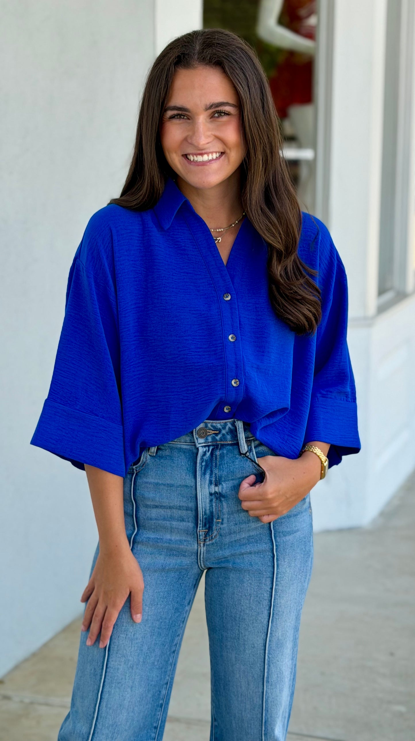 Ultra Royal Pleat Back Crinkle Button Top