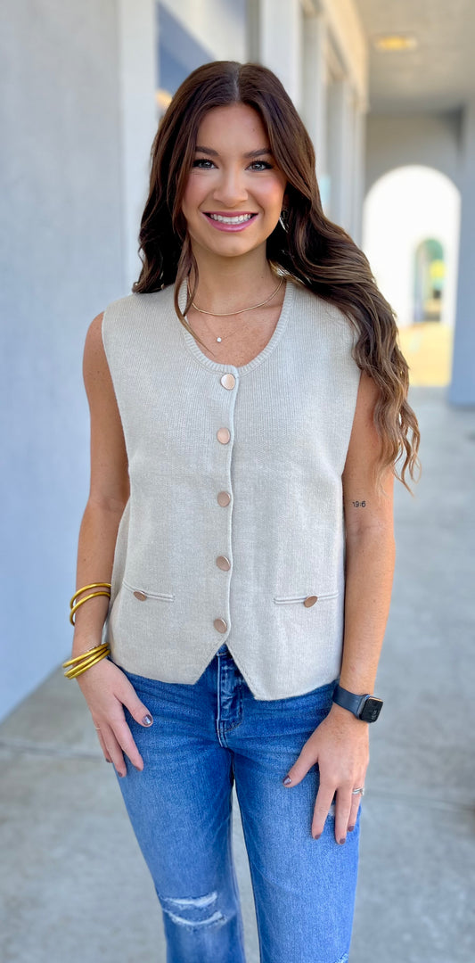 Taupe Round Neck Gold Button Sweater Vest