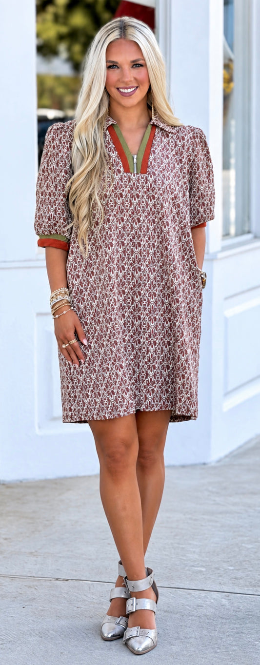 Chestnut Geometric Half-Zip Collared Shift Dress