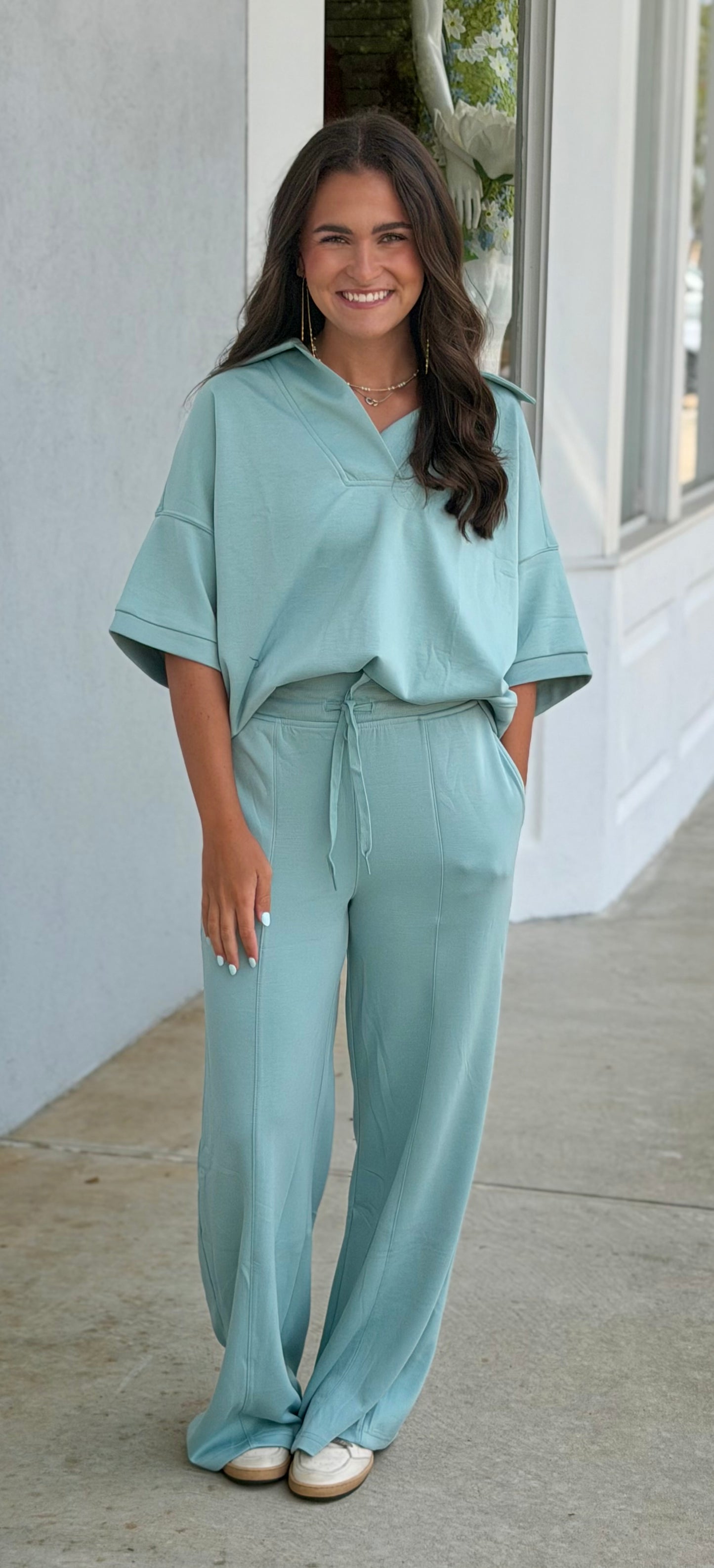 Scuba Collared Short Sleeve Top & Pants SET, Dusty Green
