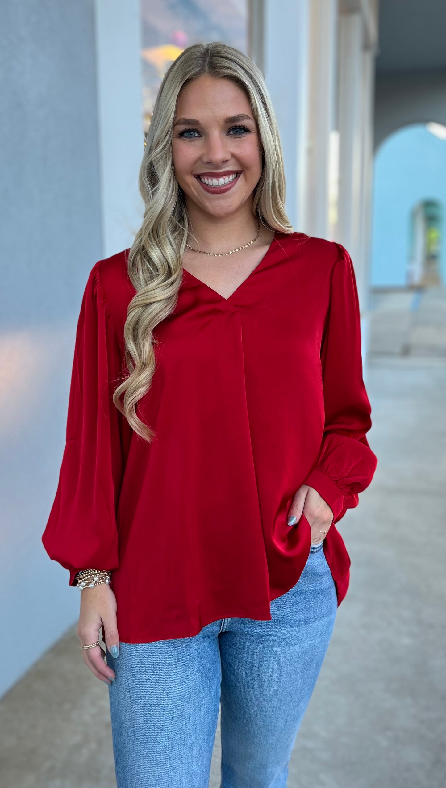 Satin Long Sleeve Red Top