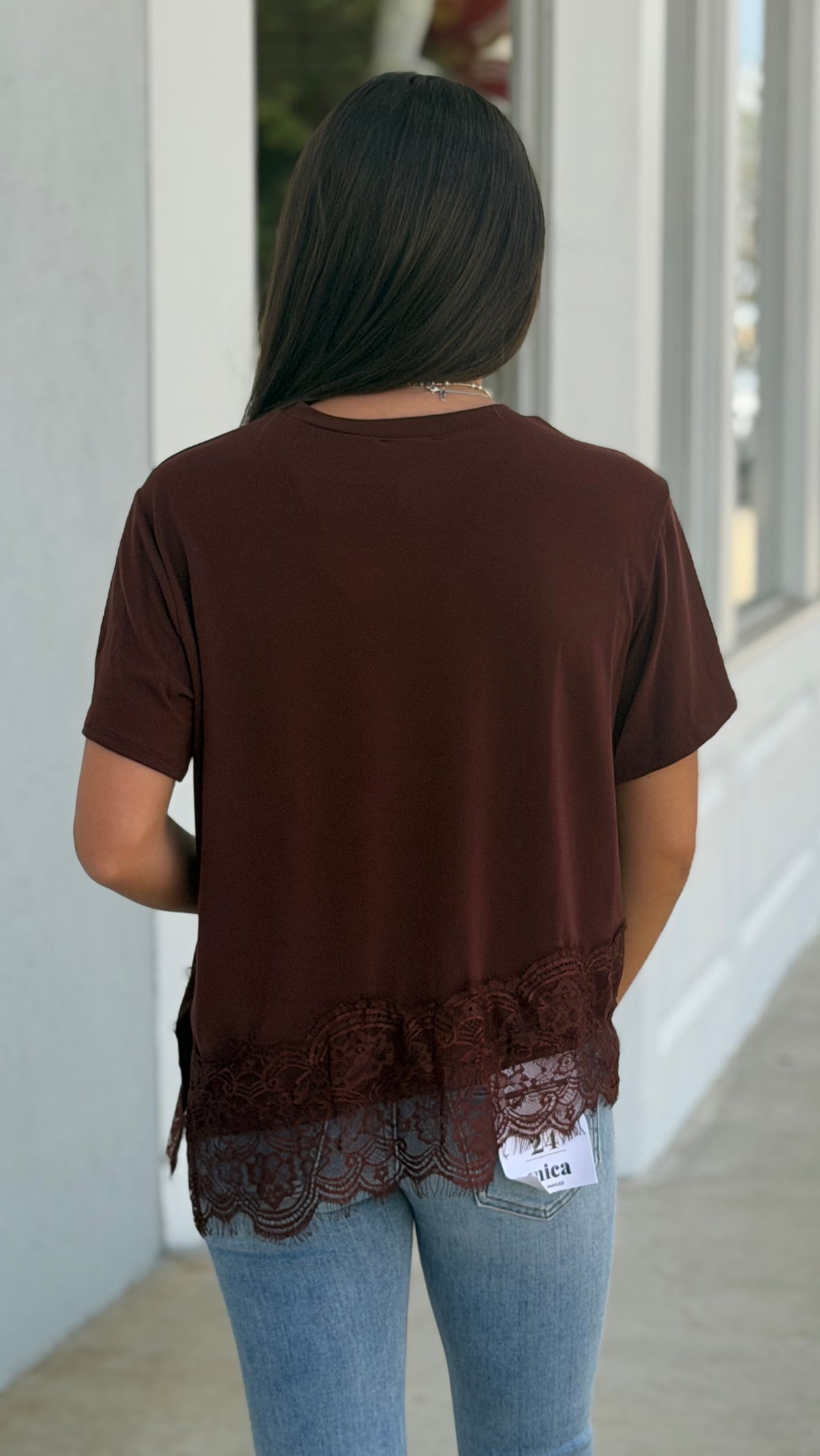 Asymmetrical Lace Trim Top , Brown