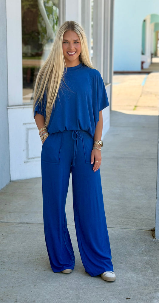 Ribbed Rayon Top & Pants SET, Lt Navy