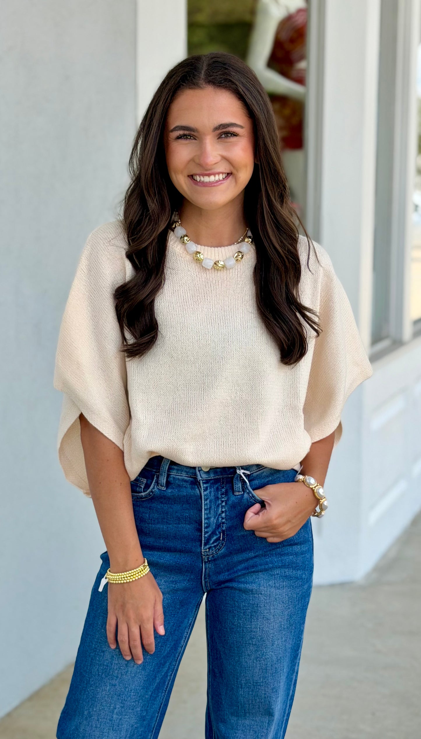 Oversized Round Neck Sweater Top, Cream