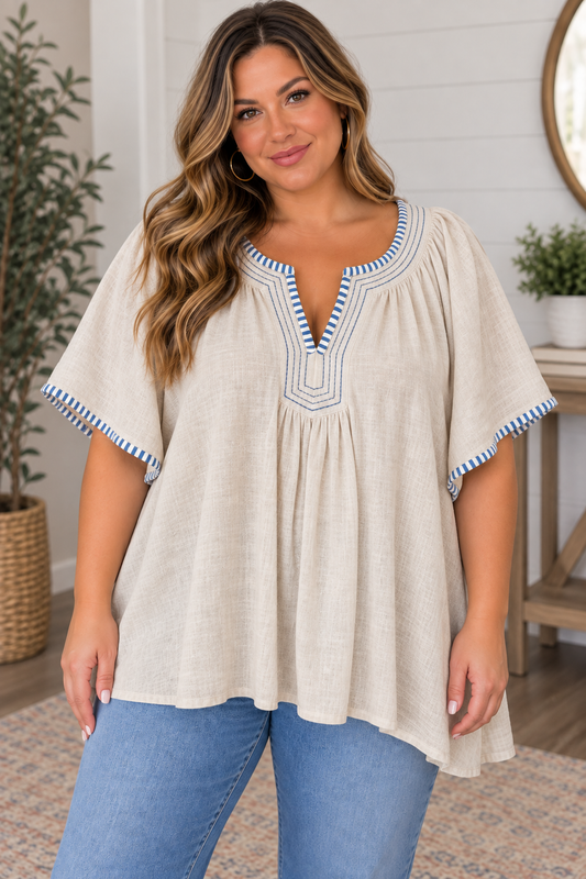 Oatmeal Trim Flutter Plus Babydoll Top