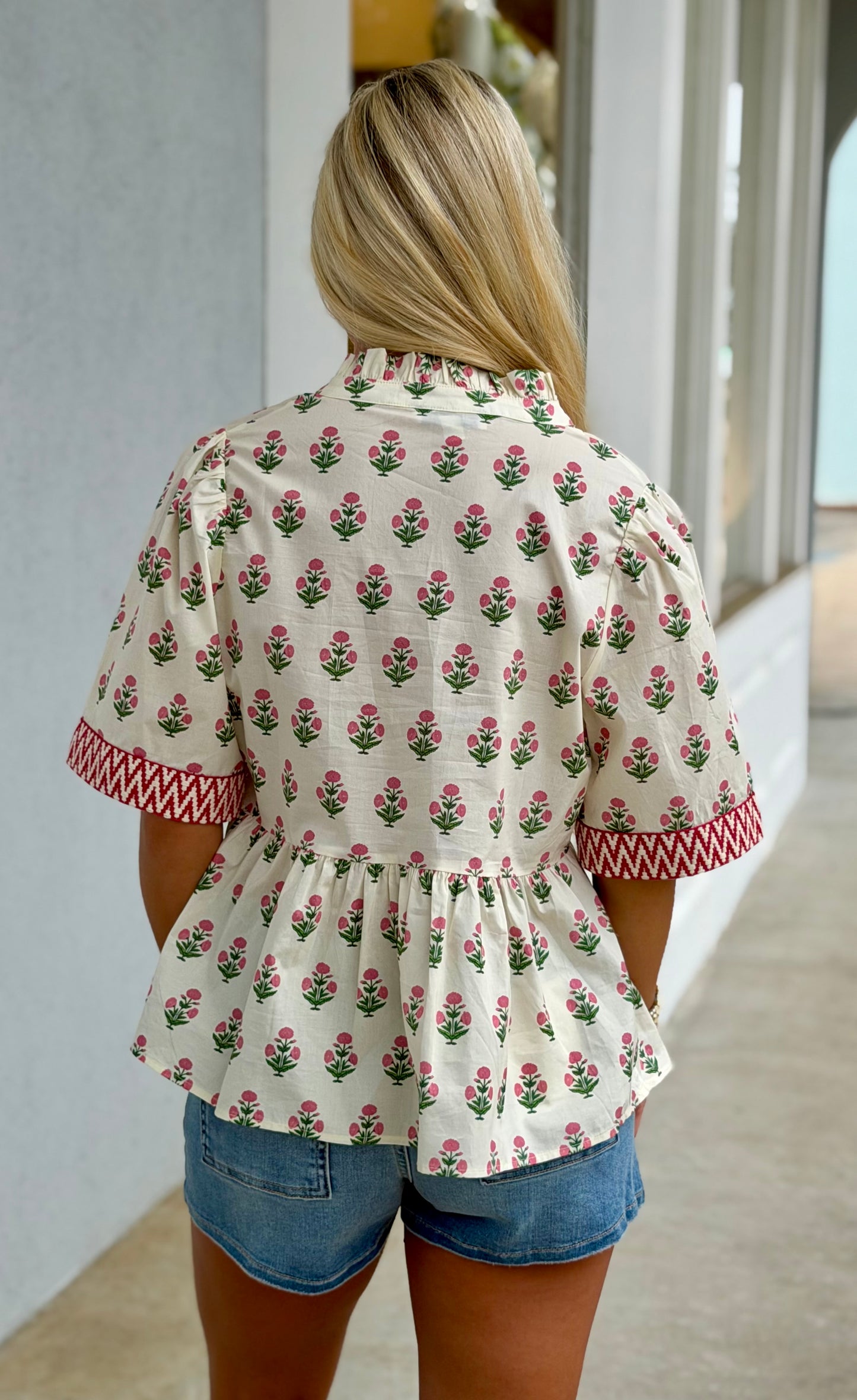 Half Sleeve Print Top With Trim Detail