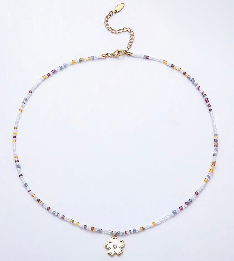 Stainless Steel Gold PVD 3mm Shell Pear Flower Multi Gem Chain 16.5
