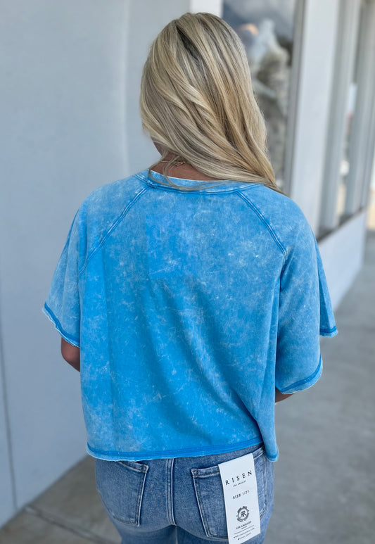 Acid Wash Round Neck Crop Tee, Deep Sky