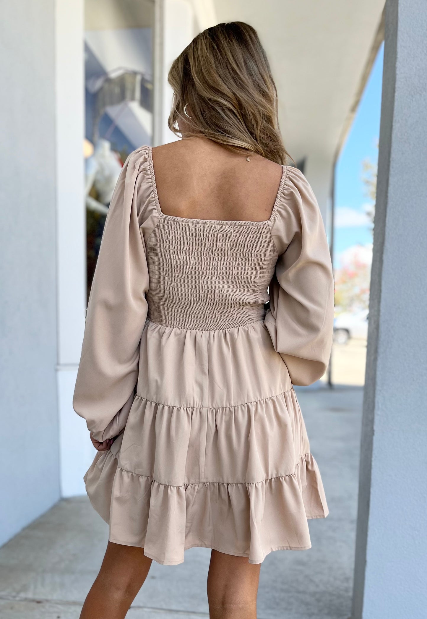 Beige Smocked Sweetheart Dress