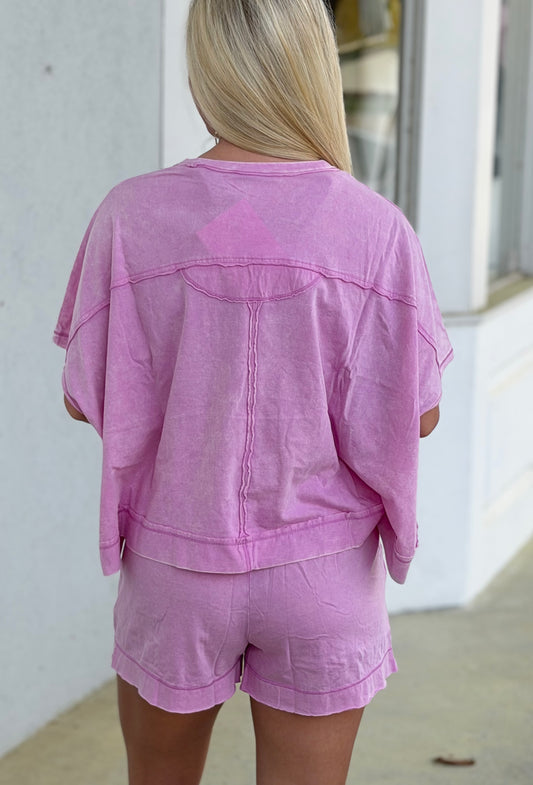 Acid Wash Top & Shorts SET, Mauve