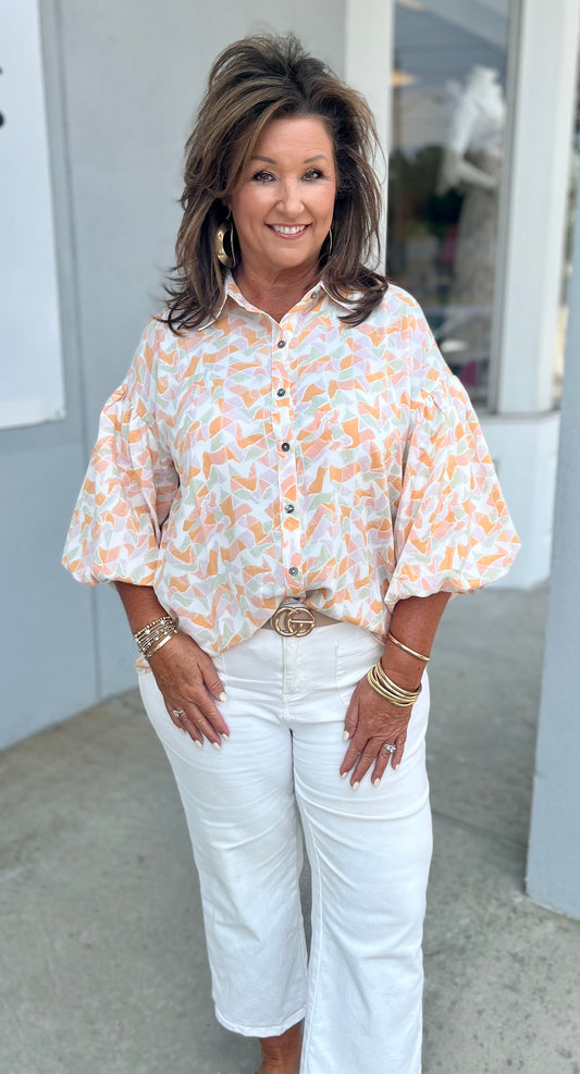 Peach Half Sleeve Collared Button Plus Blouse