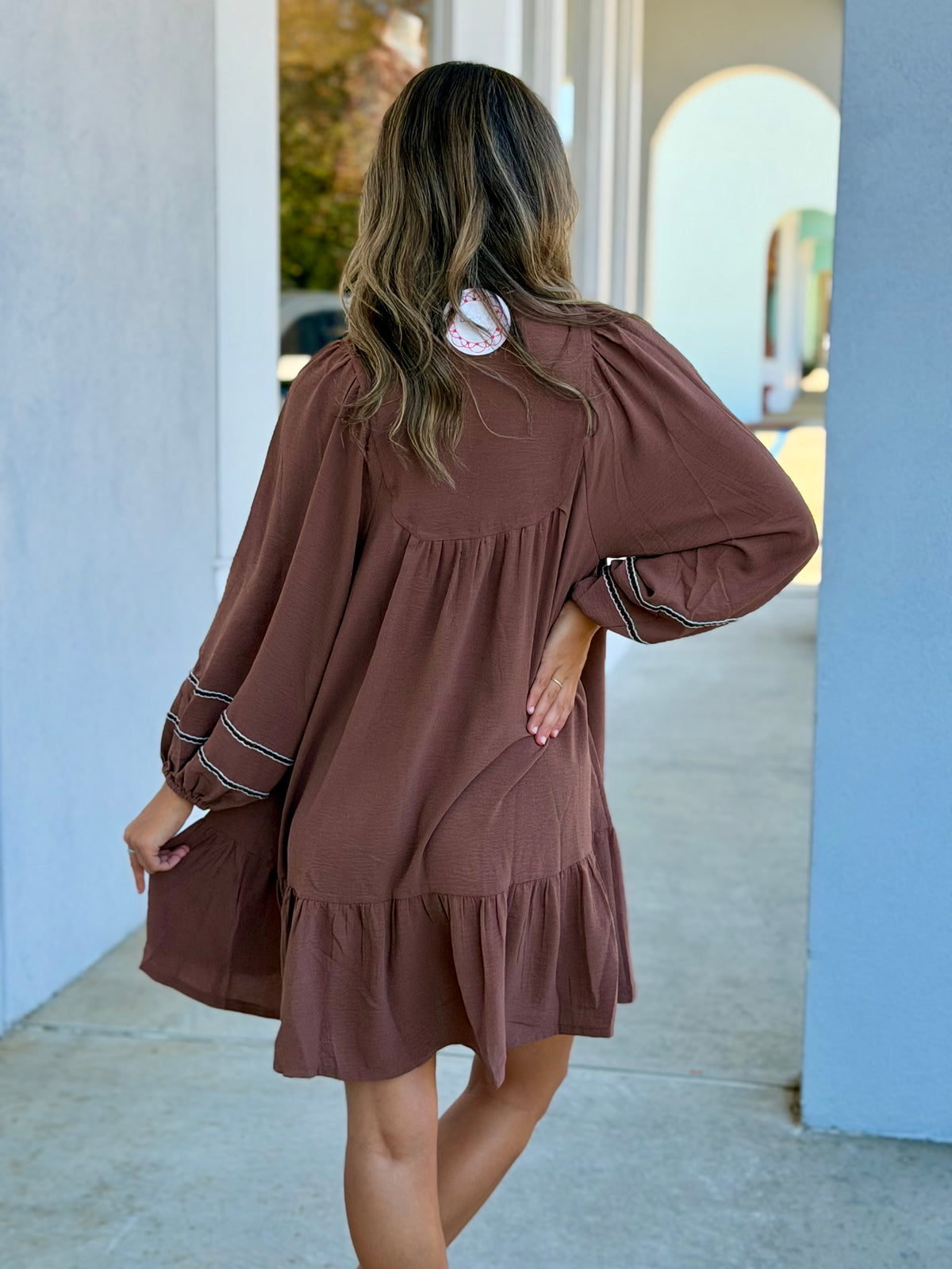 Mocha Pleated Smock Tiered Dress