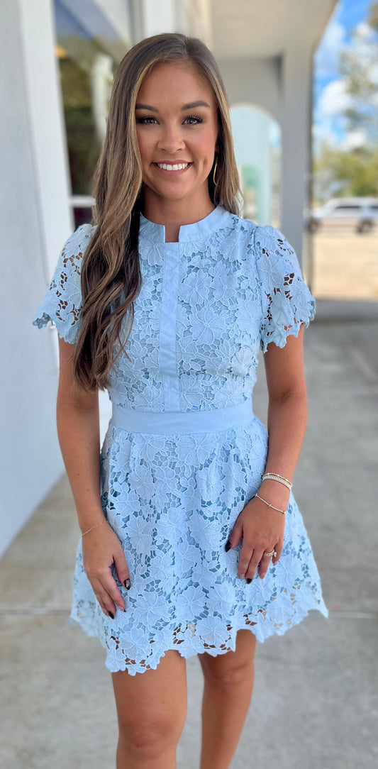 Lt Blue Floral Lace Collared Mini Dress