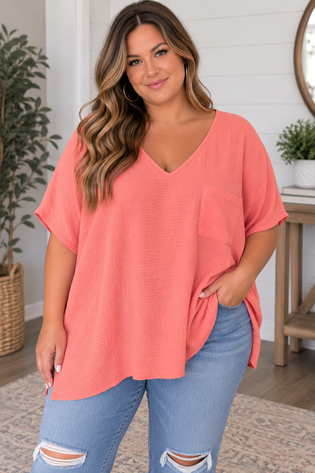 Plus Woven Airflow V Neck Top, Coral