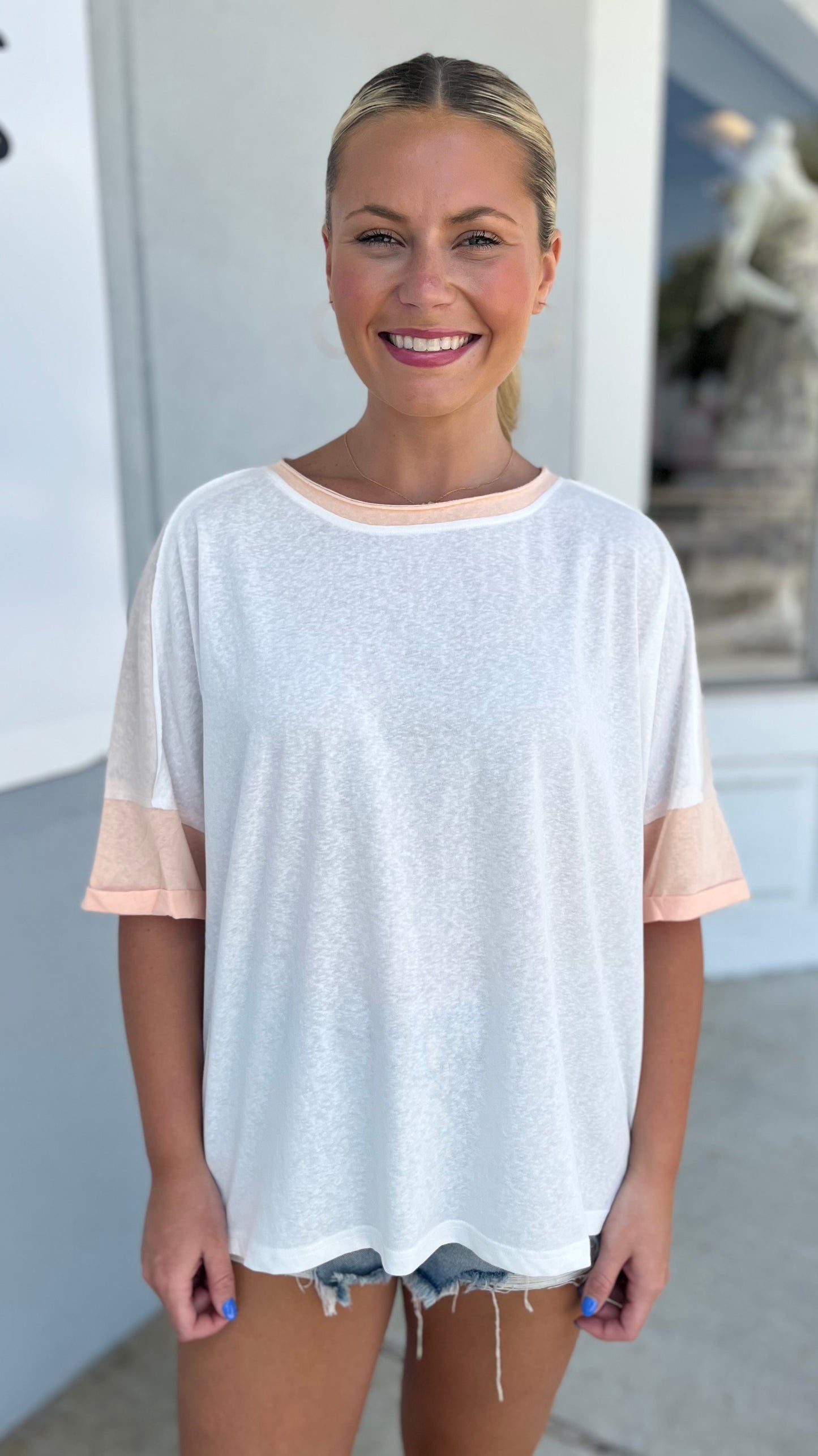 Colorblock Short Sleeve Top, Peach Salmon