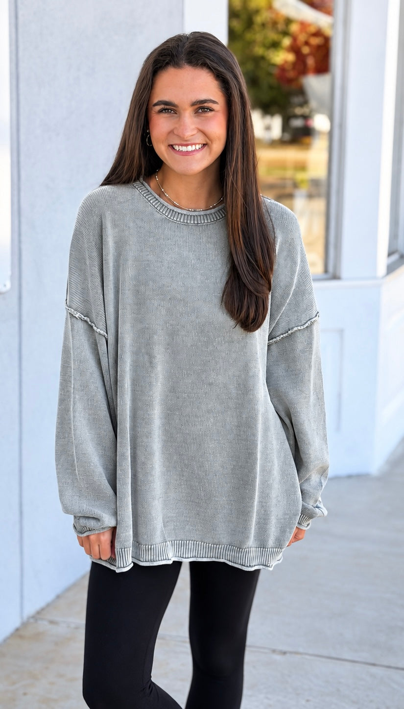 Light Olive Washed Raw Edge Sleeve Sweater