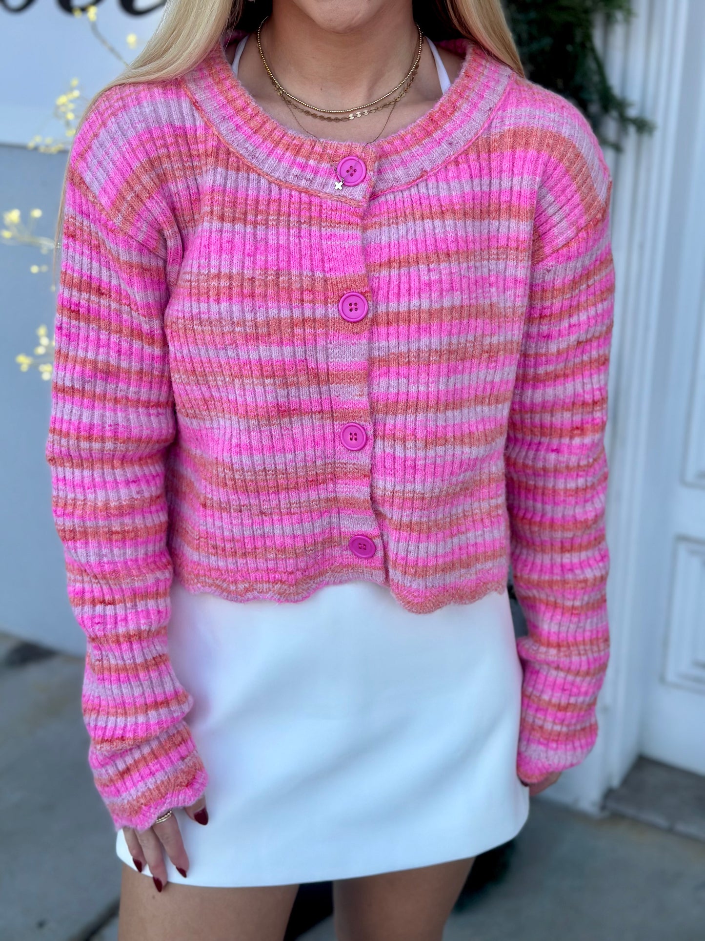 Pink Multi Crop Cardigan With Scallop Hem