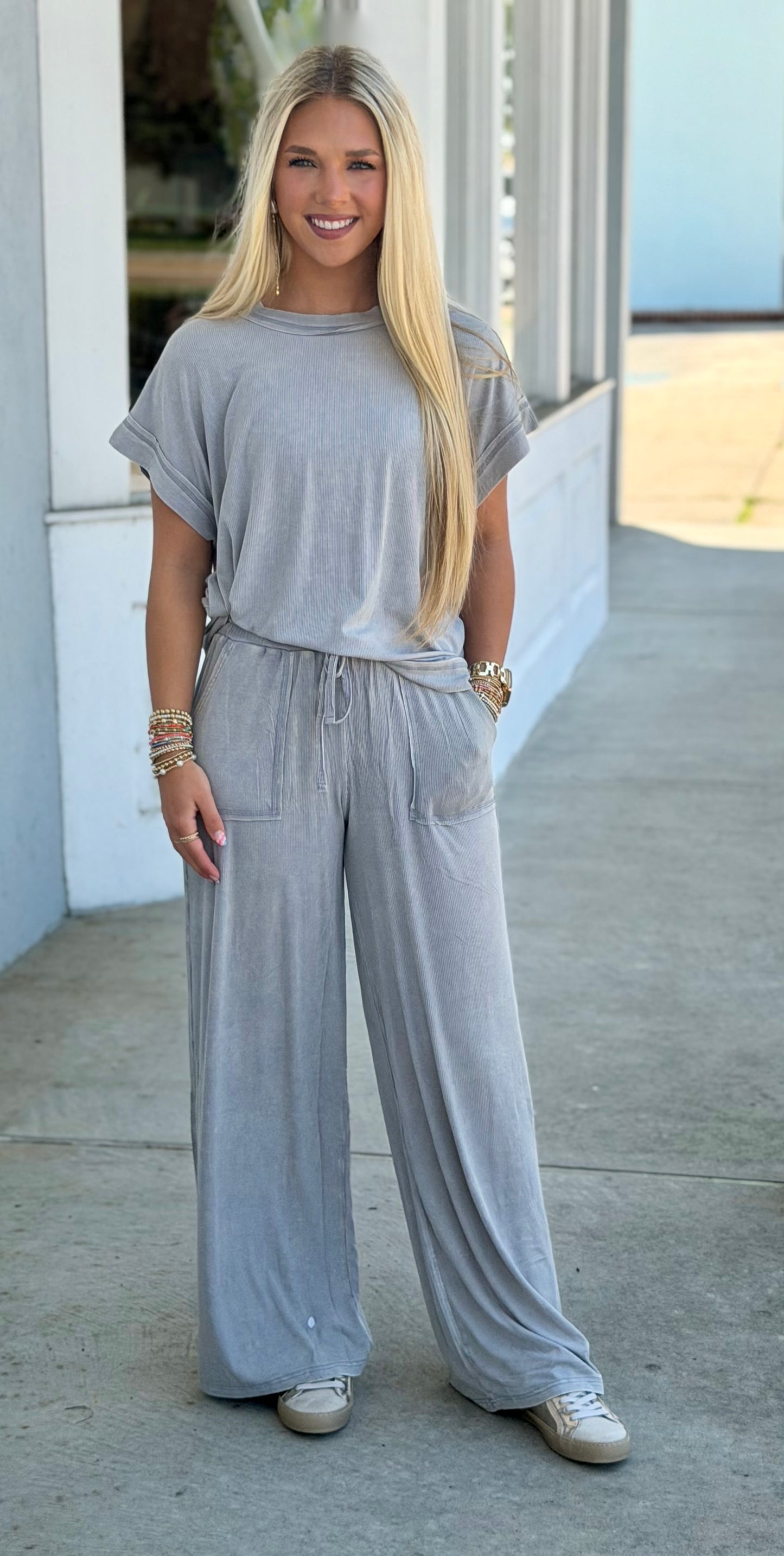 Ribbed Acid Wash Top & Pants SET, Sleet