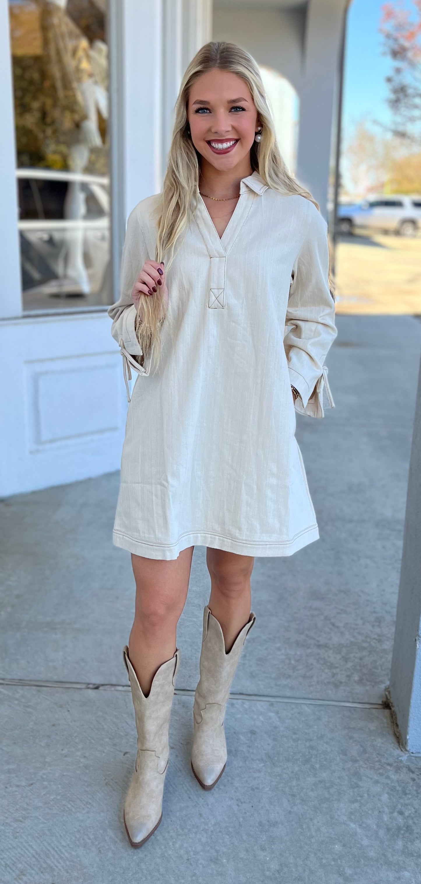 Sand Denim Long Sleeve Dress