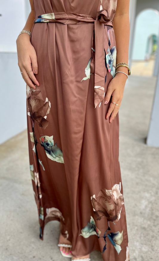 Mocha Floral Satin Halter Neck Maxi Dress