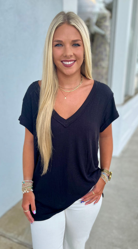 V Neck Short Sleeve Solid Basic Top, Black