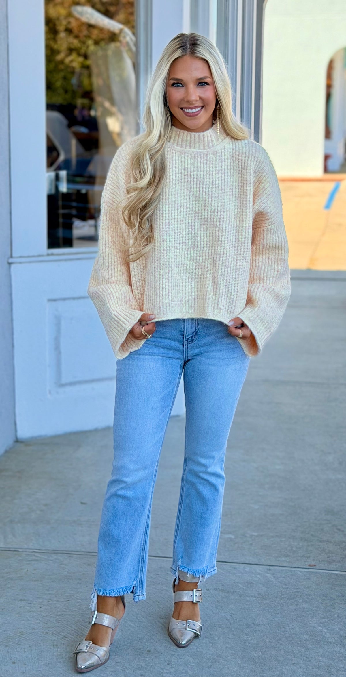 Peach Ribbed Stand Collar Knit Sweater