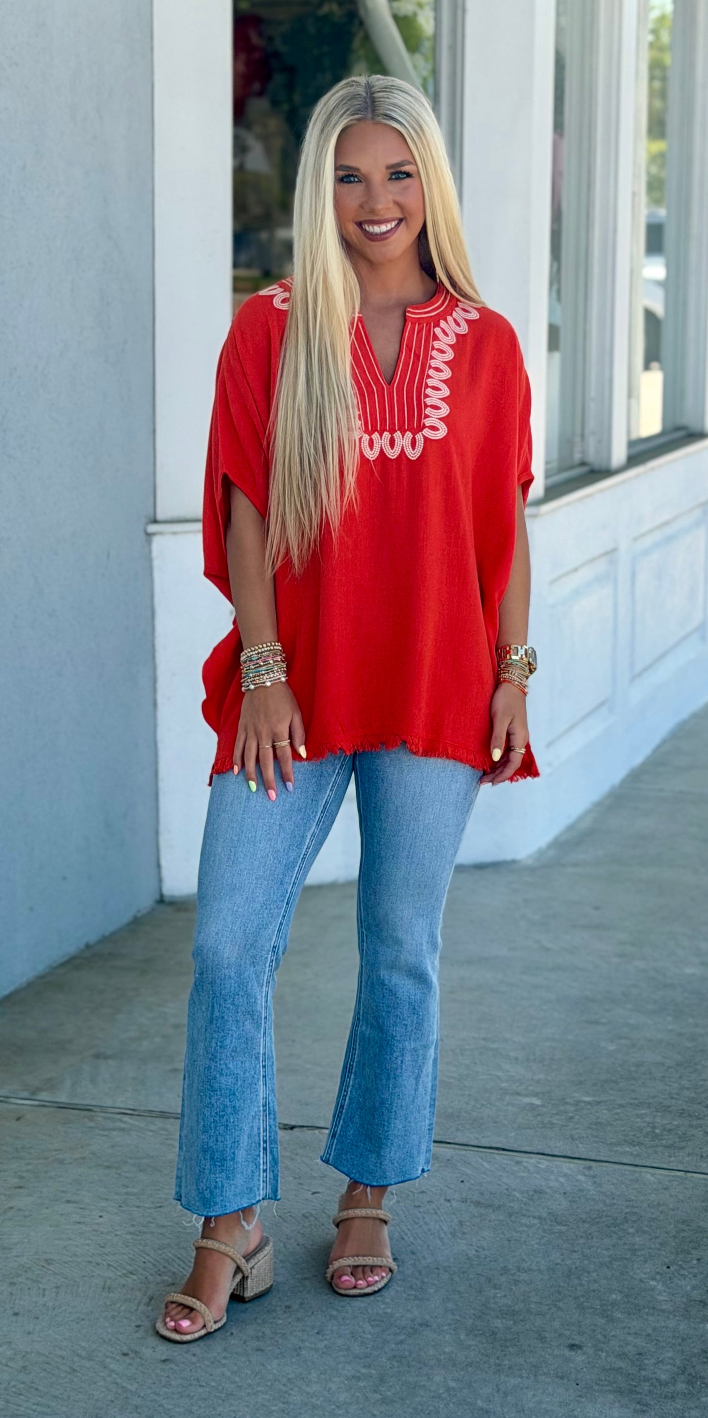 Tomato Linen V Neck Dolman Top