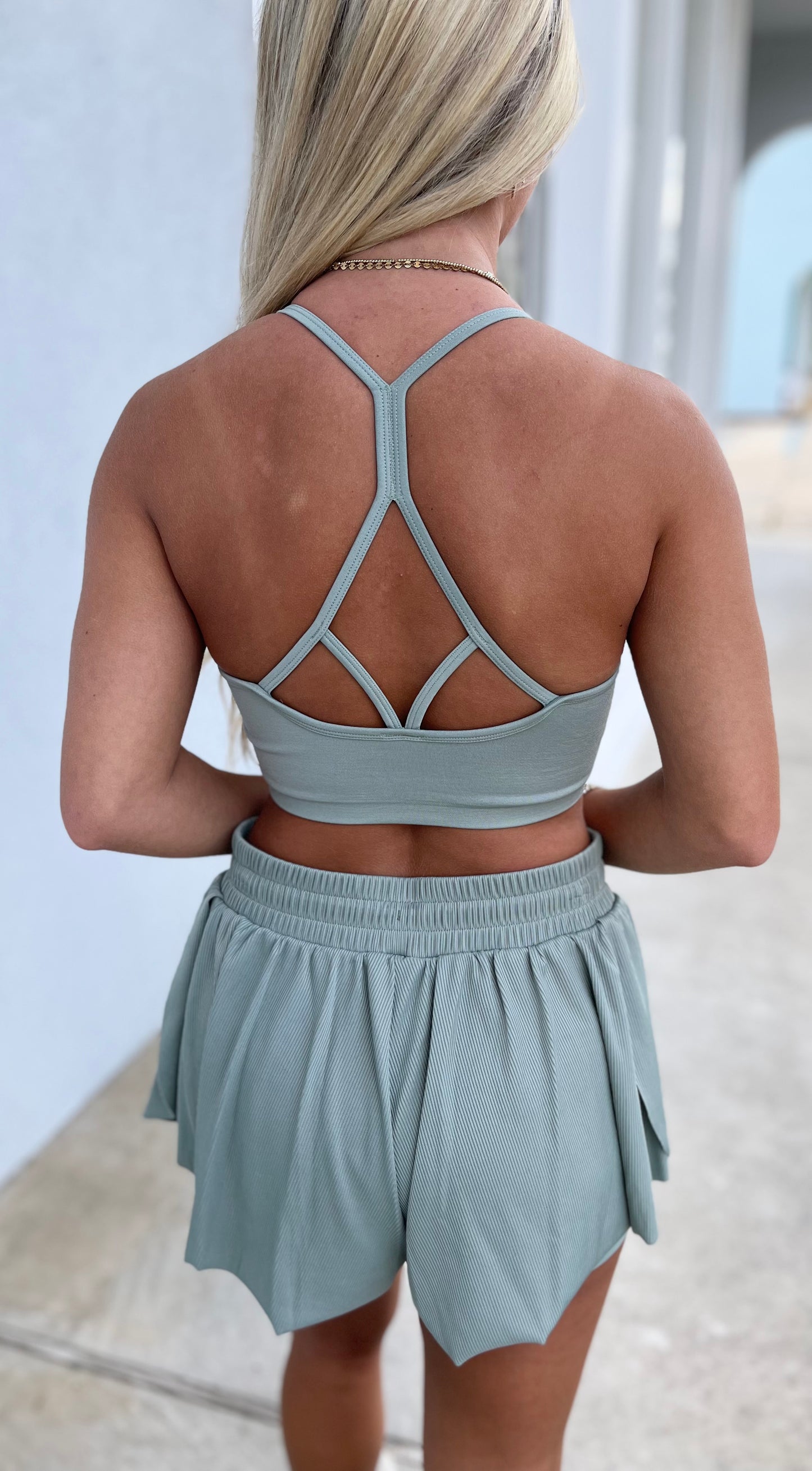 Green Ribbed Strappy Bra and Shorts SET