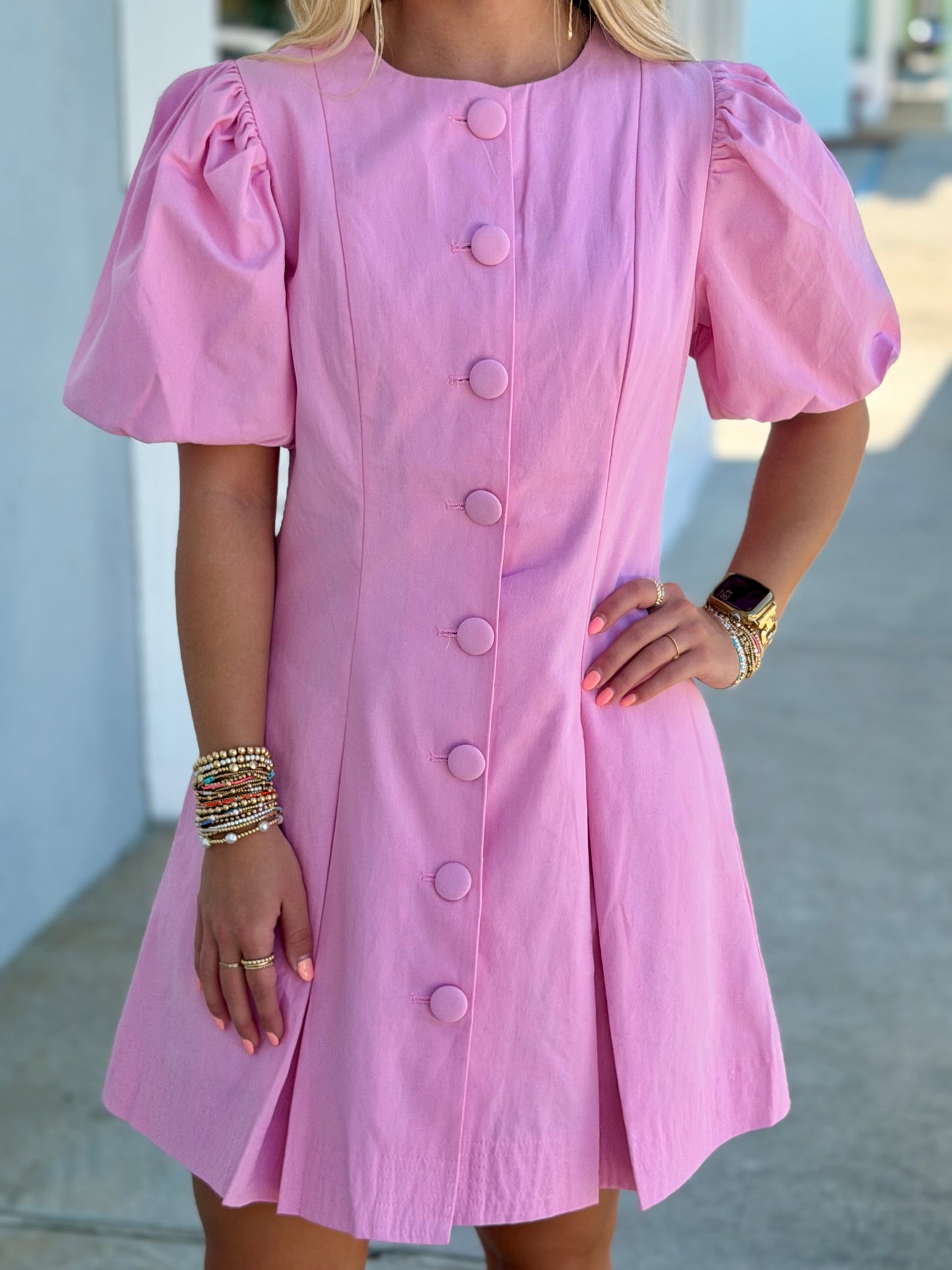 Pink Puff Sleeve Button Down Dress