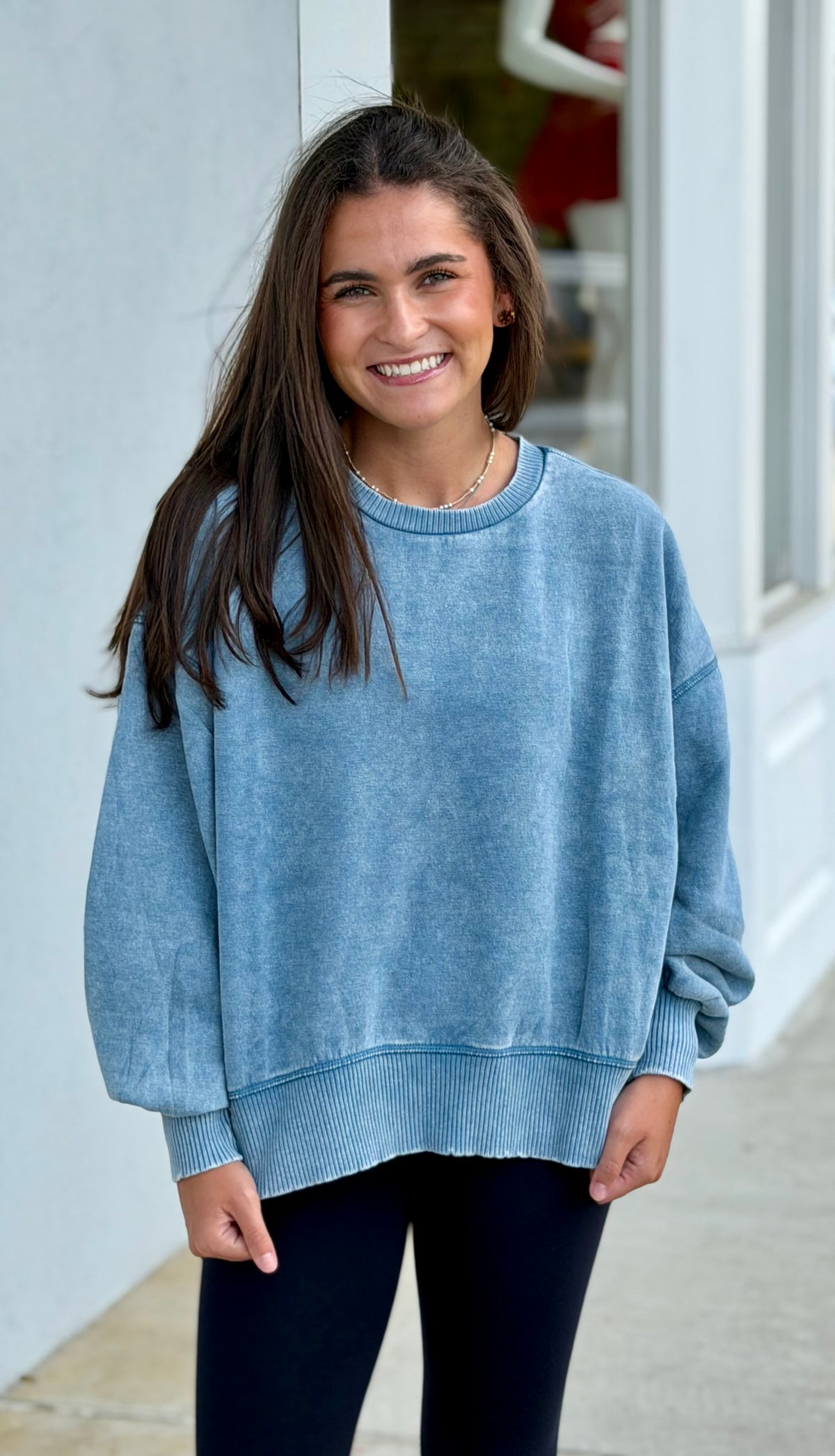 Acid Wash Fleece Pullover, Blue Grey