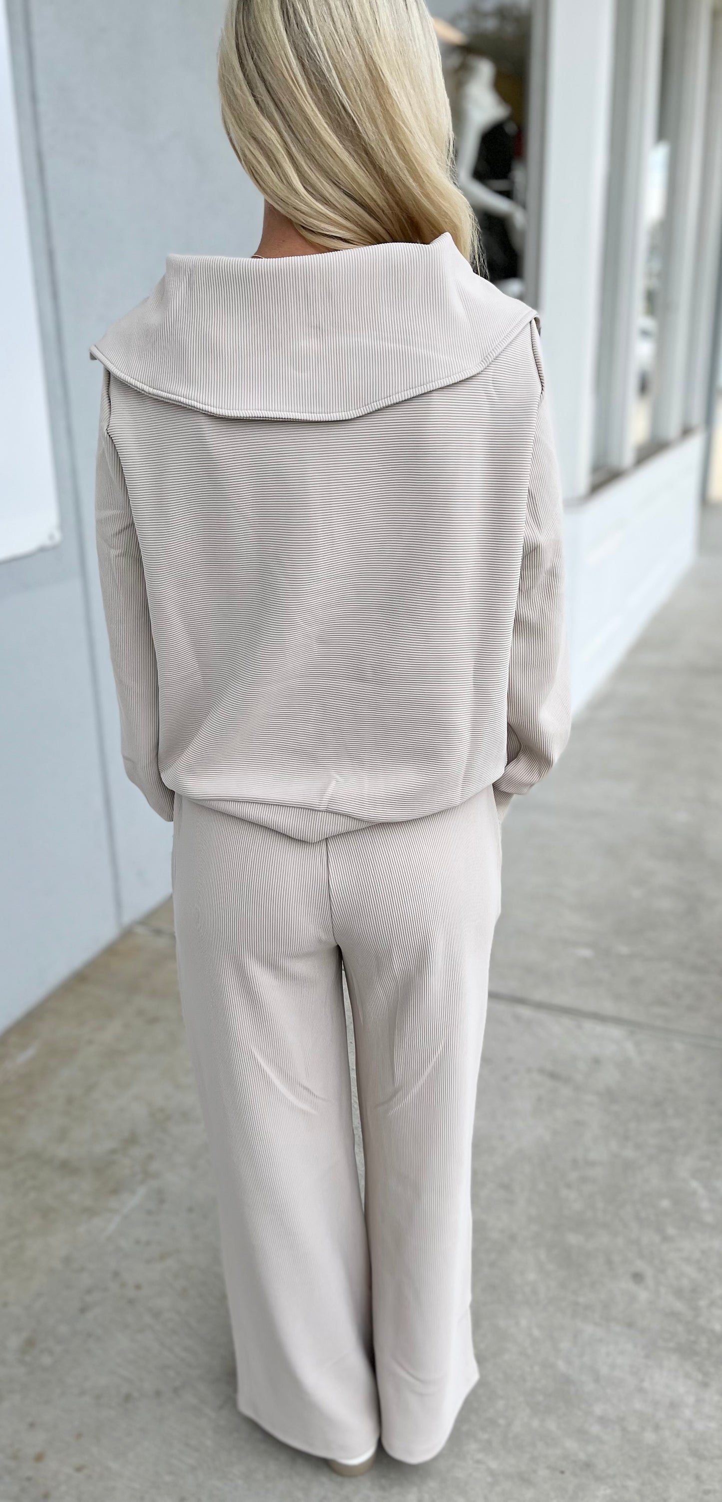 Ribbed High Neck Half Zip Top & Pants SET, Sand Beige