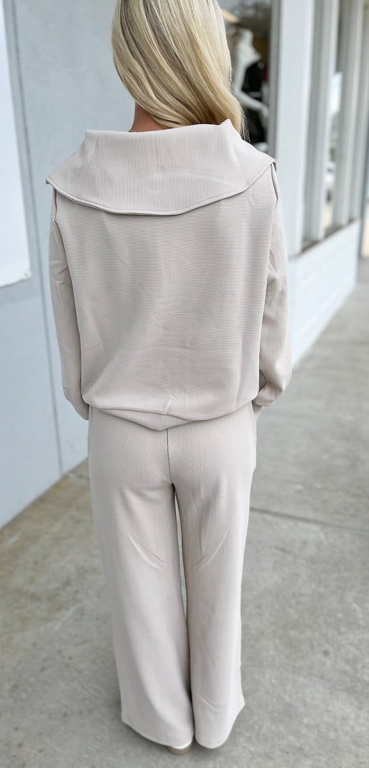 Ribbed High Neck Half Zip Top & Pants SET, Sand Beige