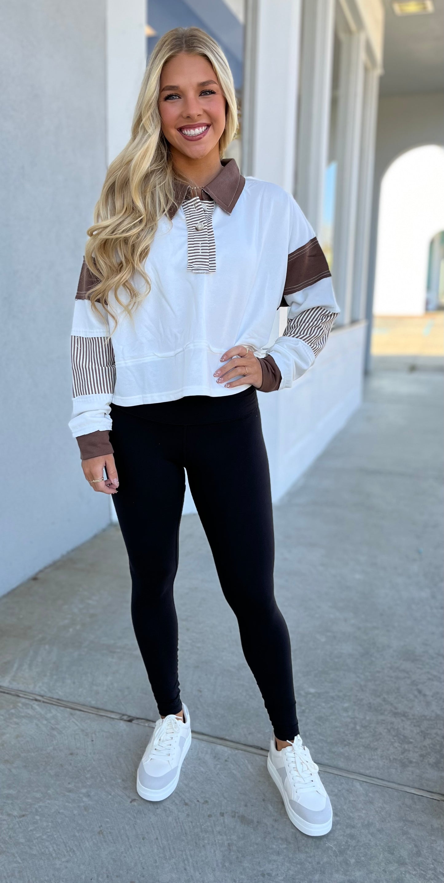 Ivory-Brown Collar Long Sleeve Top