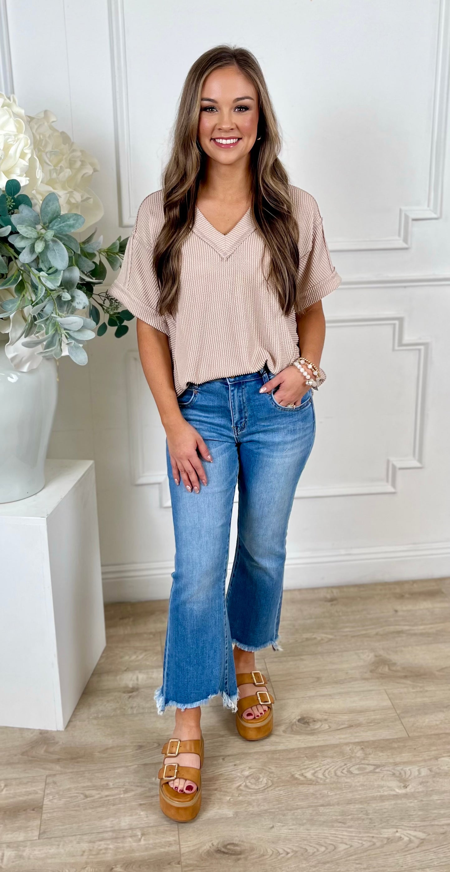 Ribbed V Neck Knit Tee, Oat