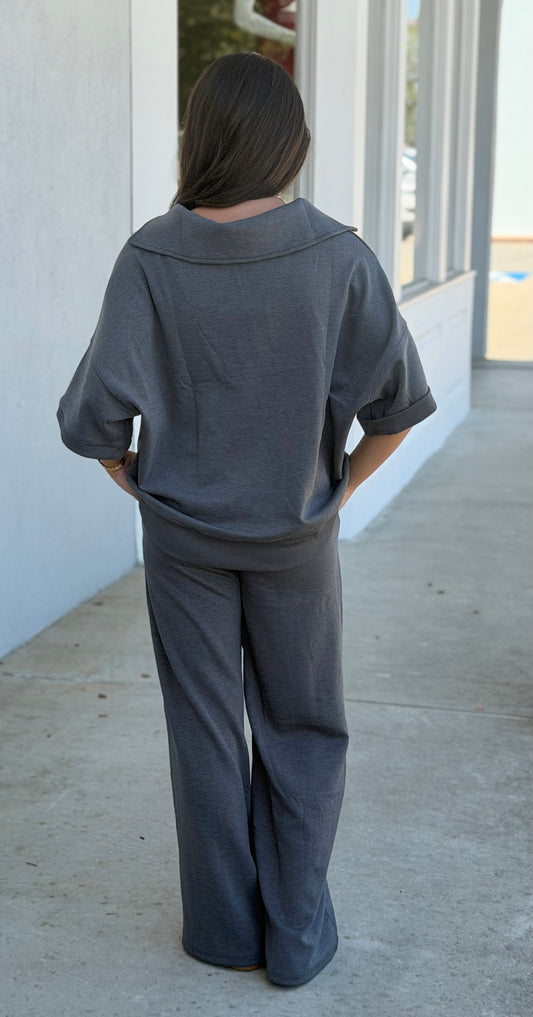 Scuba Collared Short Sleeve Top & Pants SET, Charcoal