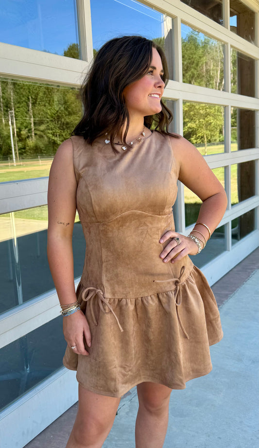 Camel Suede Ruffle Drop Dress