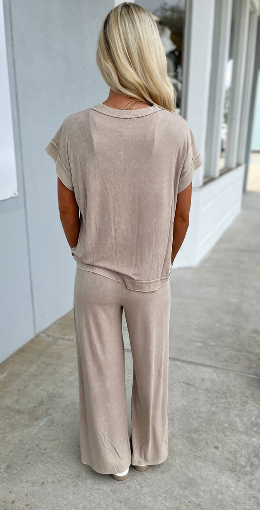 Ribbed Acid Wash Top & Pants SET, Ash Mocha