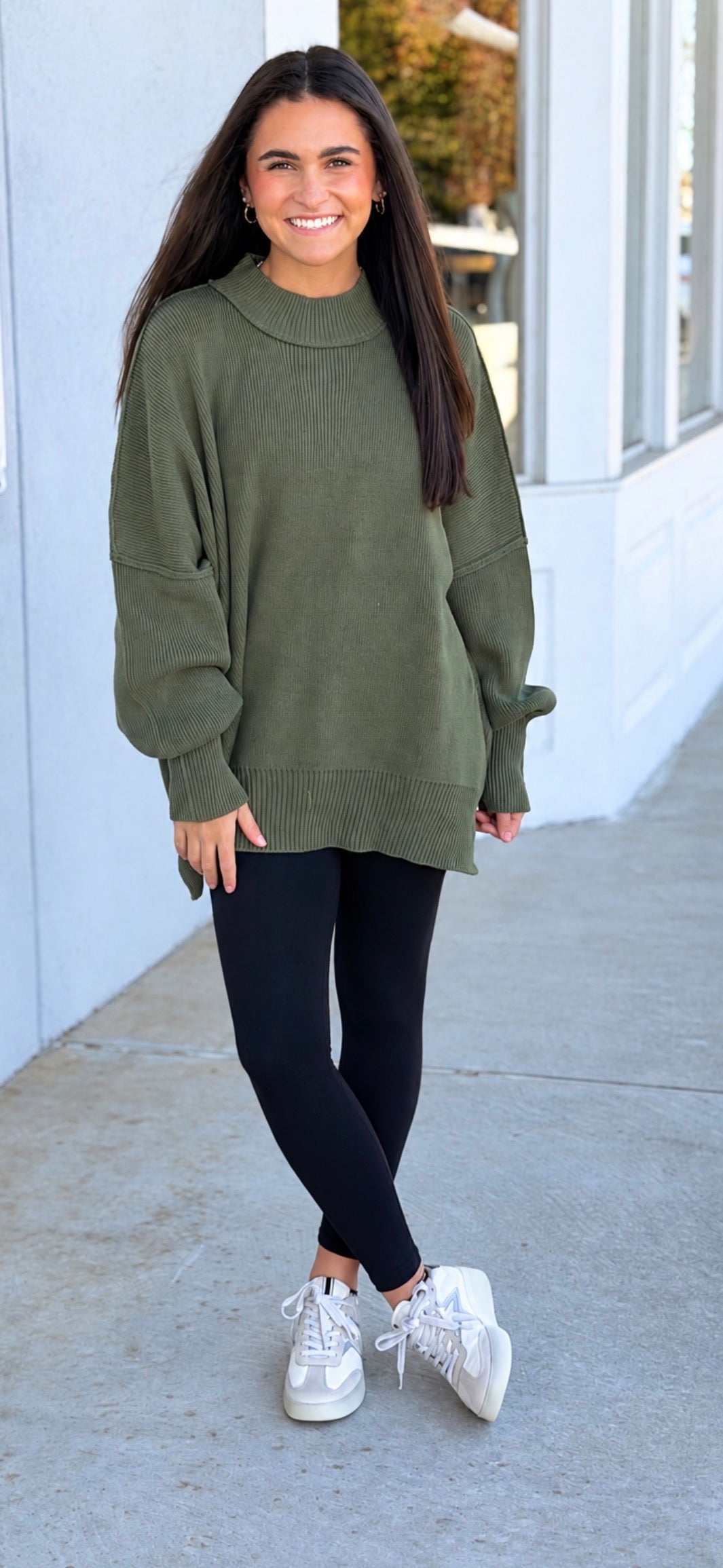 Side Slit Oversized Sweater, Lt Olive
