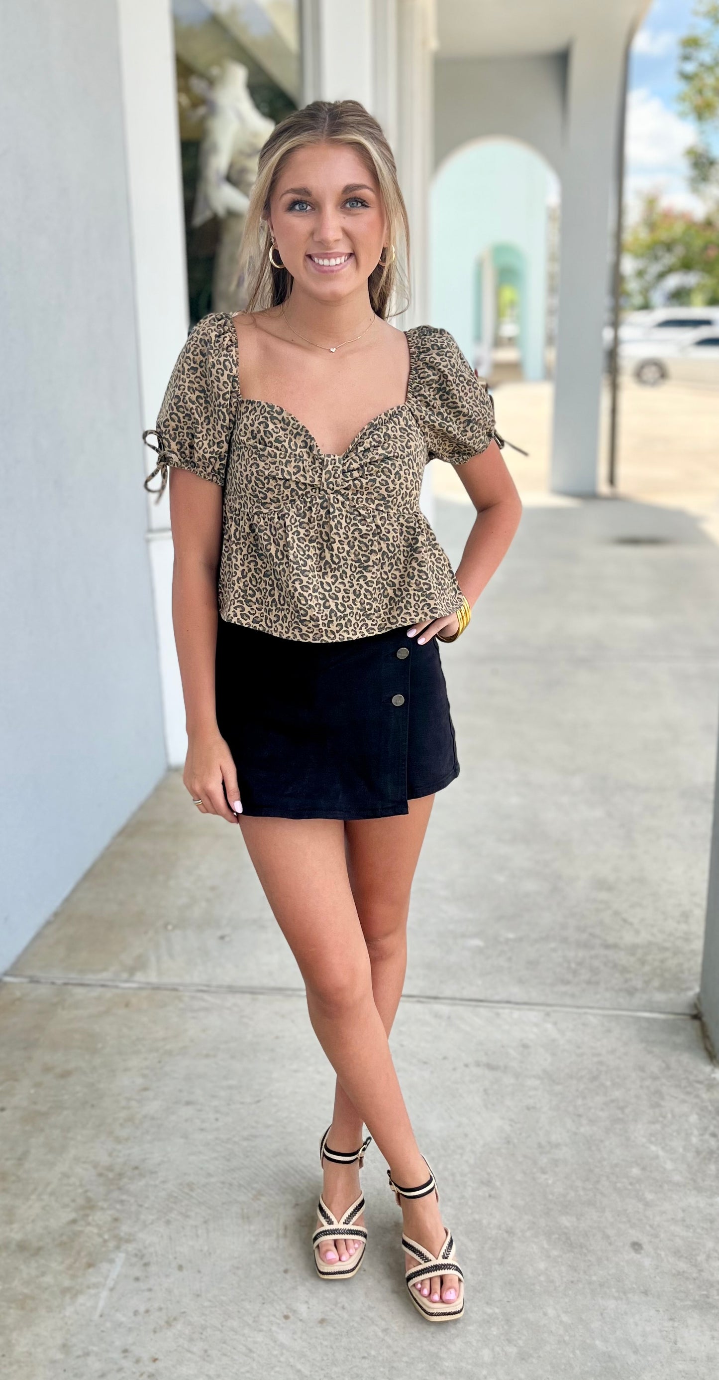 Denim Leopard Princess Neckline Puff Sleeve Crop Top