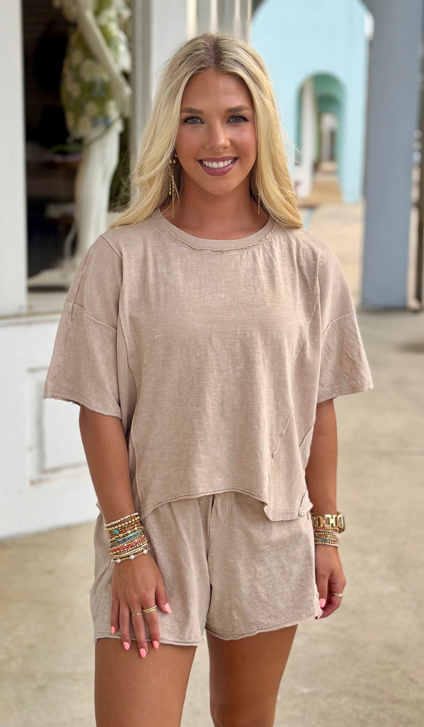 Taupe Mineral Washed Two Piece Short SET